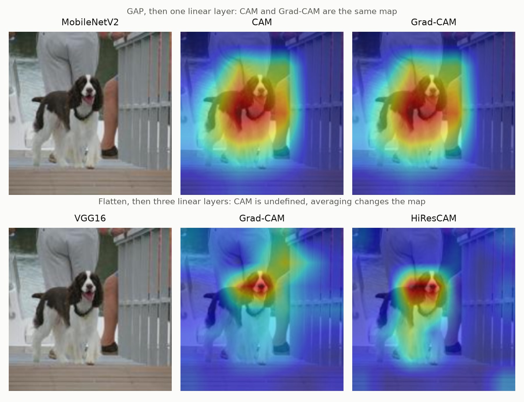 Top row: a springer spaniel on a dock, with identical CAM and Grad-CAM heatmaps from MobileNetV2 covering the dog. Bottom row: the same photo with VGG16's Grad-CAM, which covers the dog's face and spreads onto the legs of a person behind it, and HiResCAM, which covers the dog's head and body